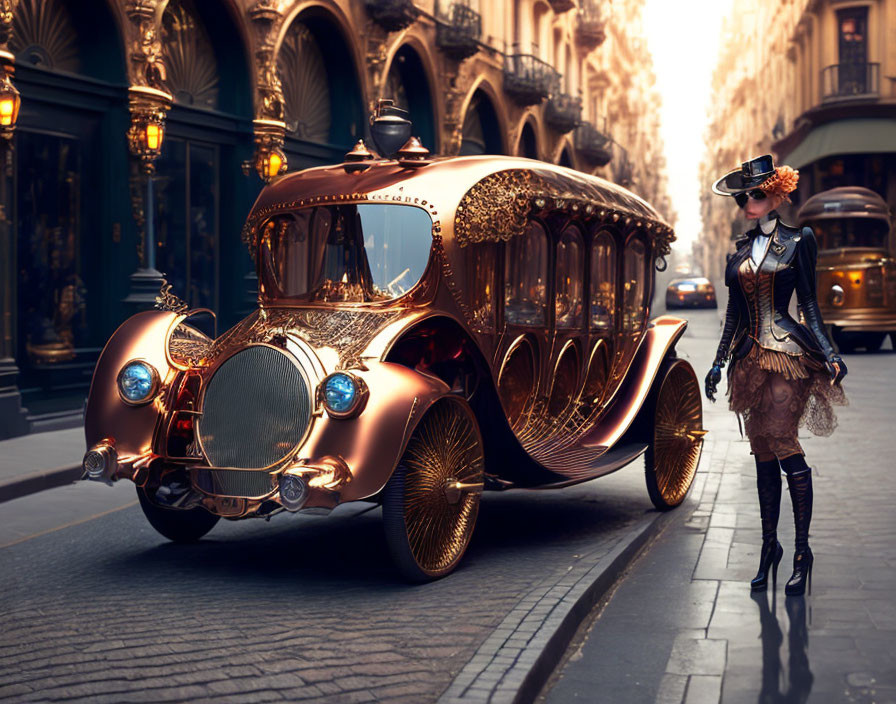 Steampunk woman with retro-futuristic car on vintage city street