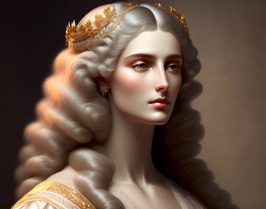 Portrait of a woman with pale skin and golden crown exuding regal elegance