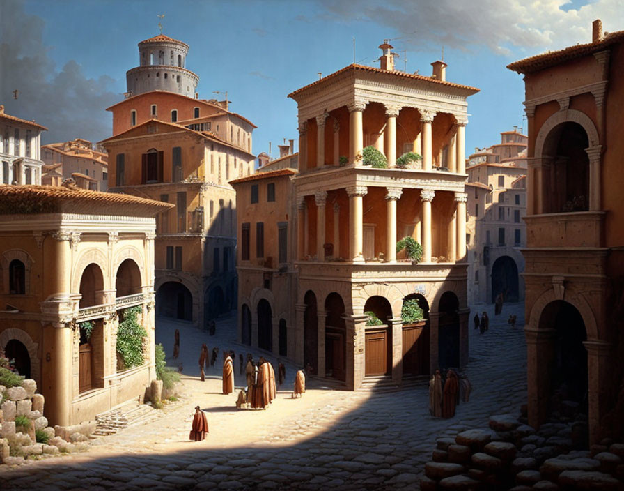 Digital painting of bustling ancient Roman street with classic architecture and traditional attire under warm sunlight.