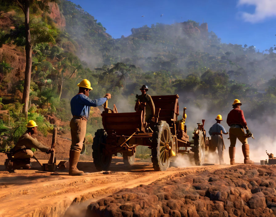 Construction workers in hard hats on dusty site with traditional cart amidst greenery.