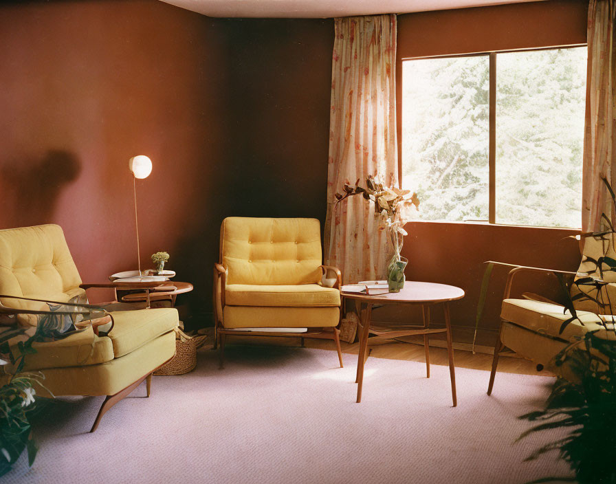 Cozy vintage living room with yellow armchairs and wooden table