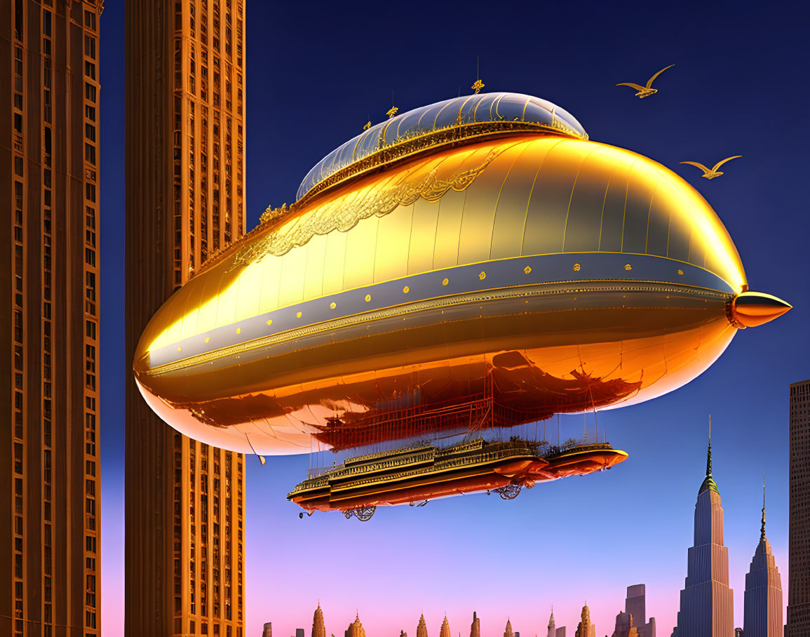 Golden airship floats amid skyscrapers at sunset with birds.