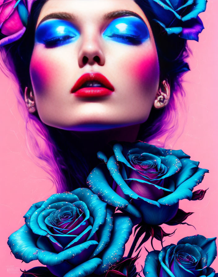 Vibrant blue and pink makeup on woman with purple hair and blue roses on pink background