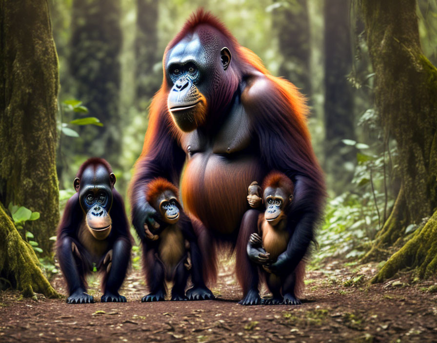 Family of Four Orangutans in Lush Green Forest