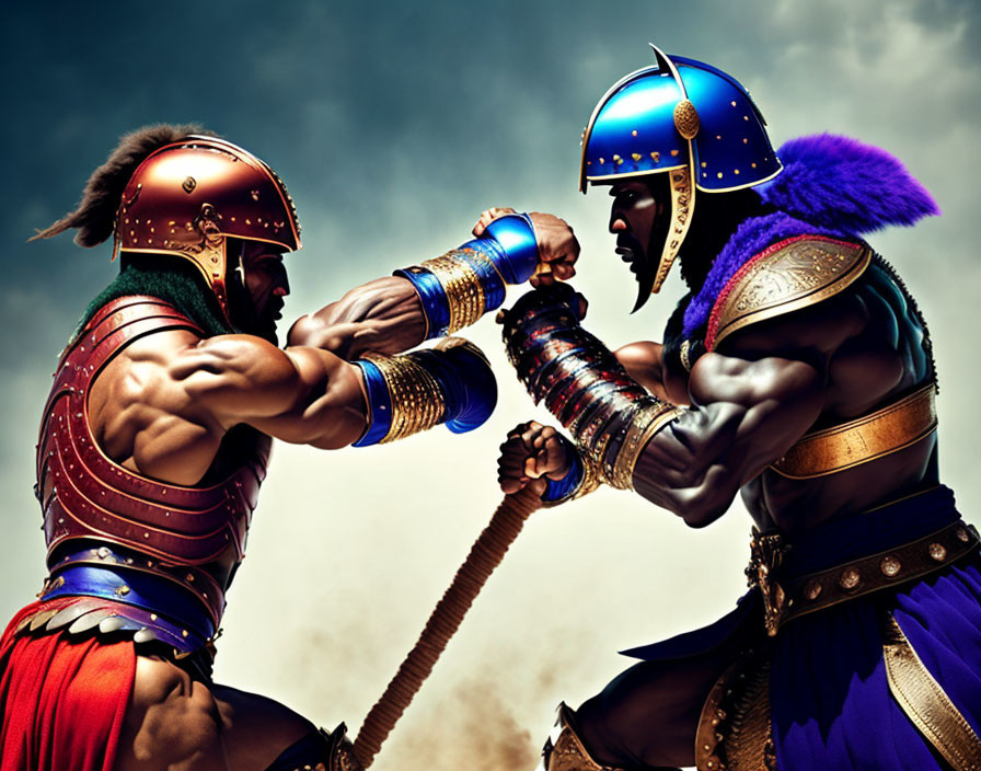 Ancient armor warriors in tug-of-war under dramatic sky