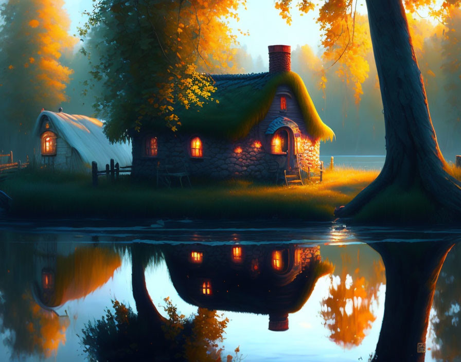 Tranquil autumn landscape with cozy cottage by still lake