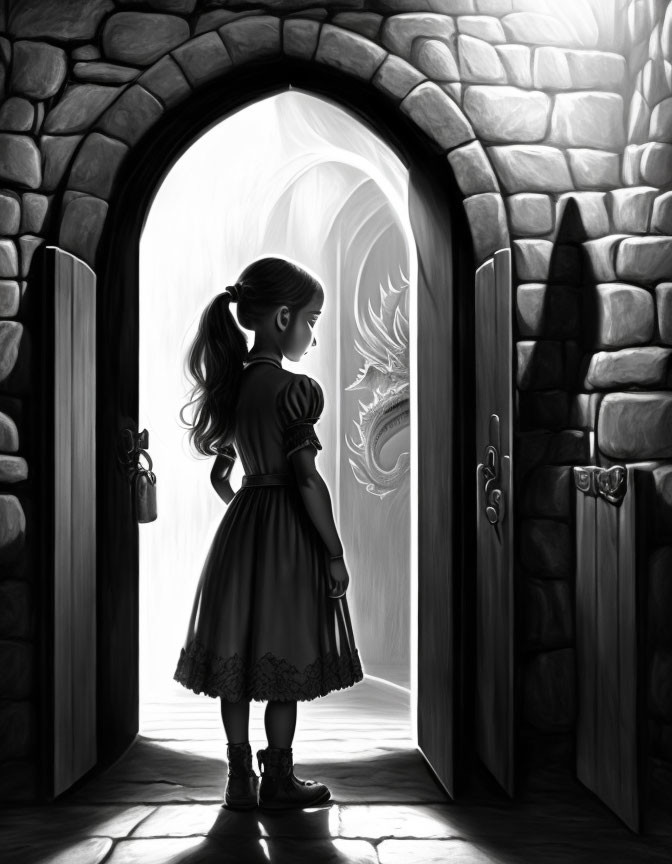 Young girl in dress at arched stone door gazes into misty room.