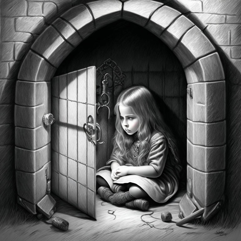 Monochrome illustration of a girl by an open doorway with scattered toys