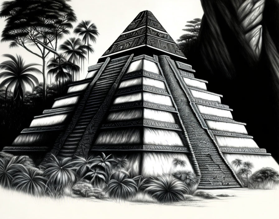 Monochrome artistic depiction of ancient pyramid in lush tropical setting