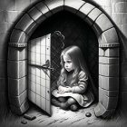 Monochrome illustration of a girl by an open doorway with scattered toys