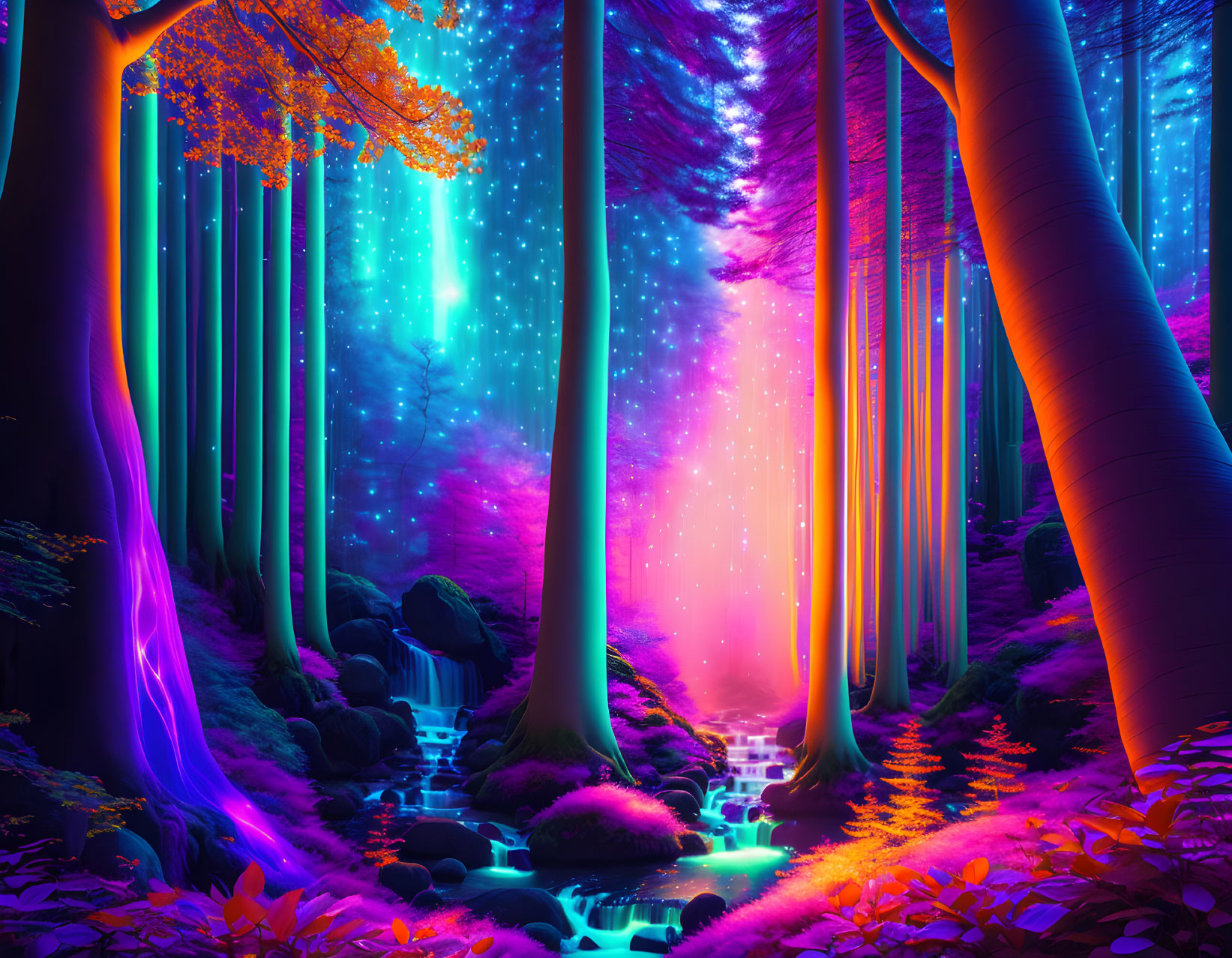 Luminous Fantasy Forest with Waterfall and Neon Sky