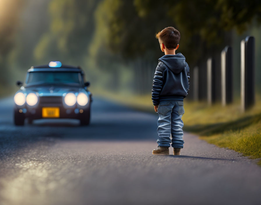 Young boy faces police car on road with hazy sunlight and trees