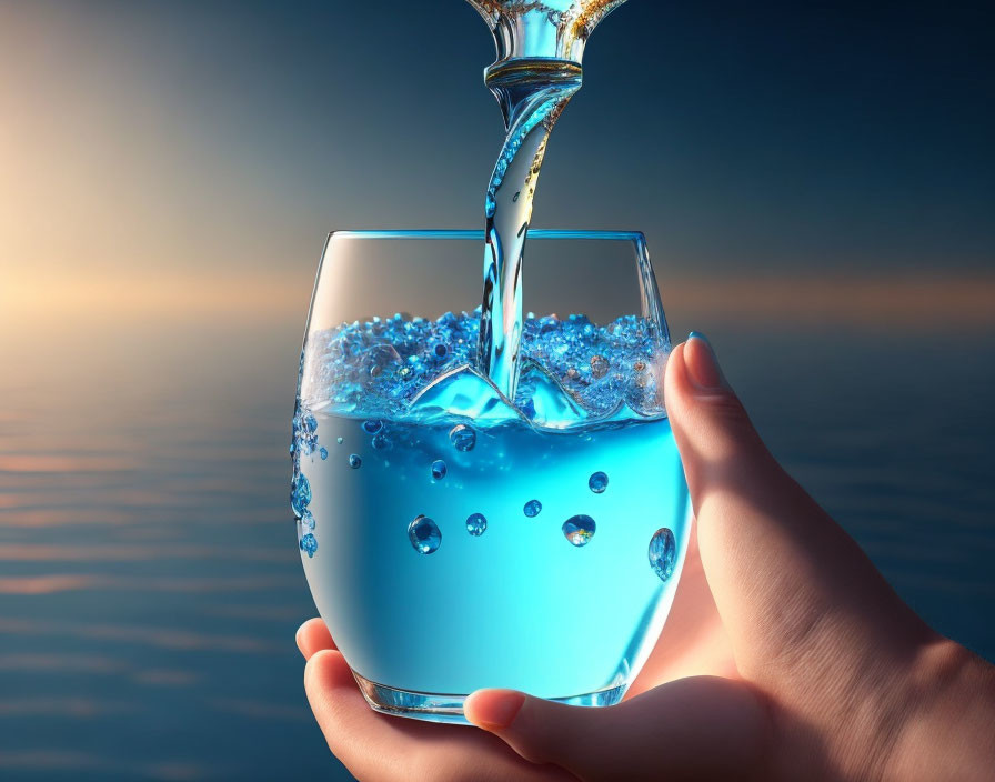 Transparent water flowing into glass against blue backdrop