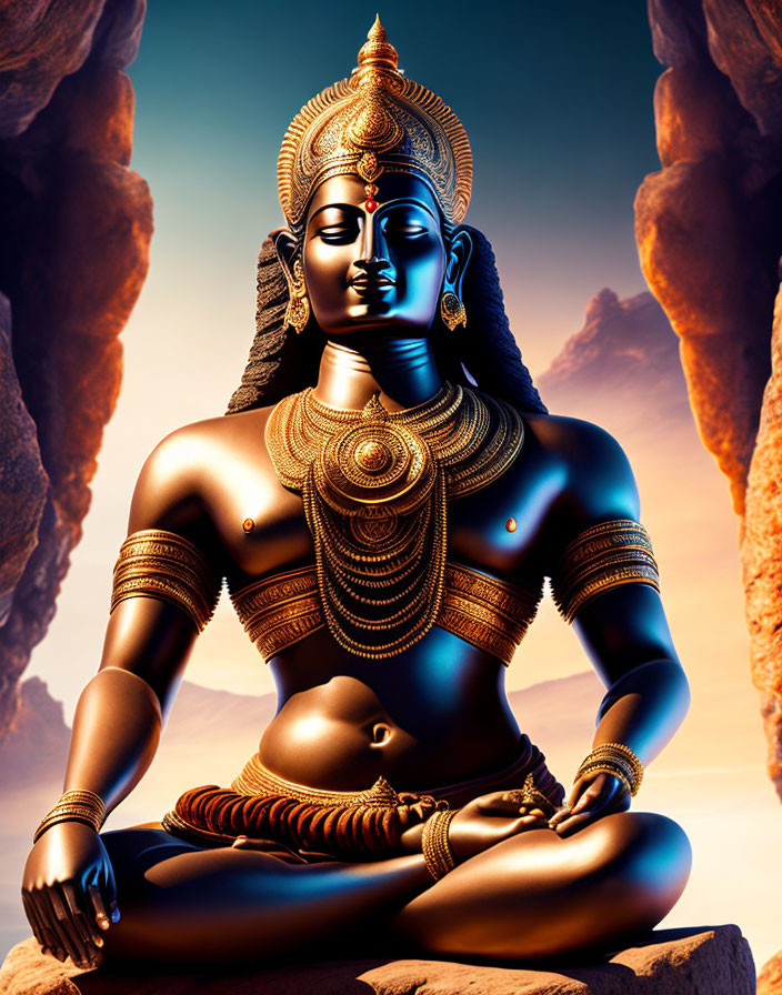 Serene deity with multiple arms adorned with jewelry on warm, rocky backdrop