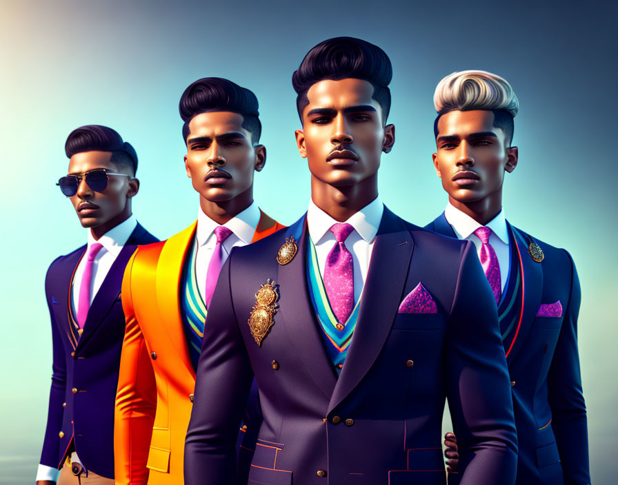 Four Stylish Animated Characters in Suits with Striking Hairstyles