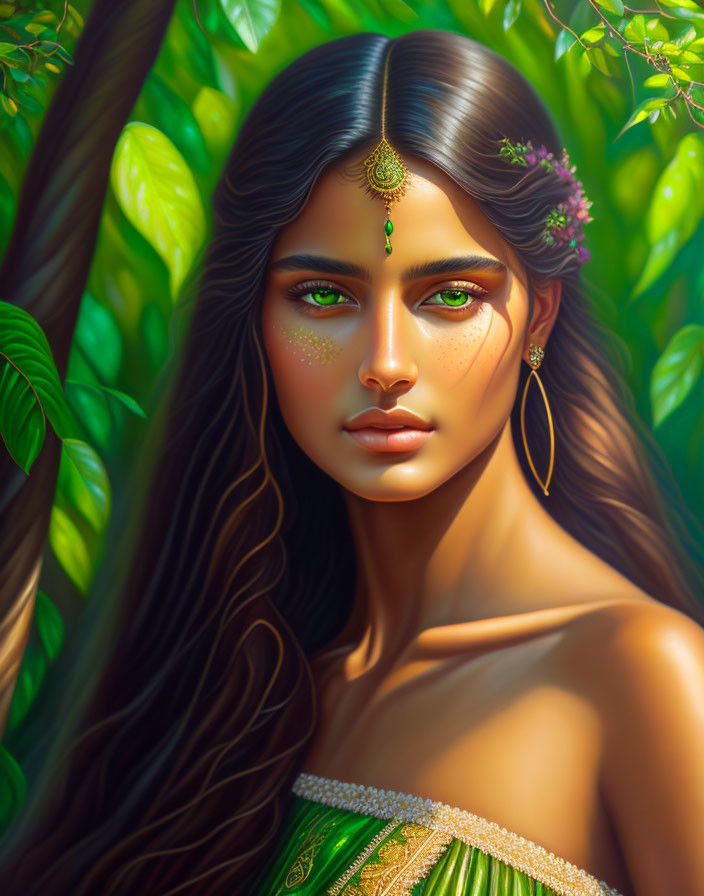 Digital painting of woman with long wavy hair and green eyes in lush green foliage