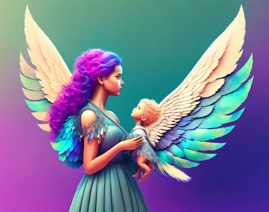 Colorful artwork of woman with purple hair and feathered wings holding child on gradient backdrop