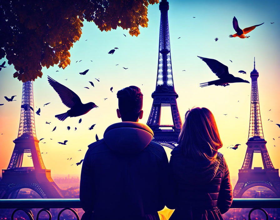 Romantic couple at Eiffel Tower at sunset with birds and autumn leaves