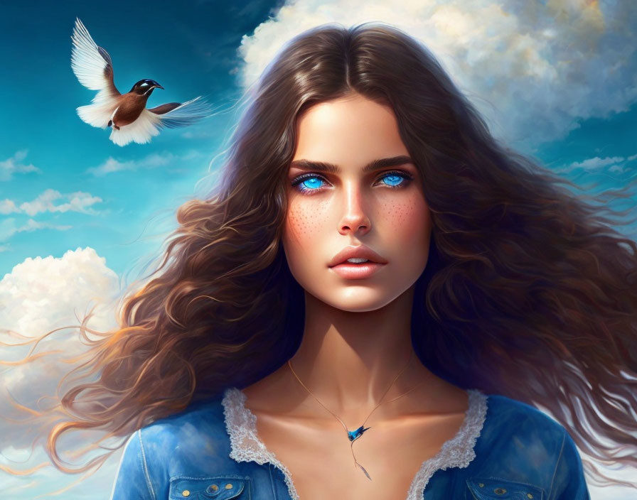 Digital artwork: Woman with blue eyes and brown hair, bird flying under blue sky.