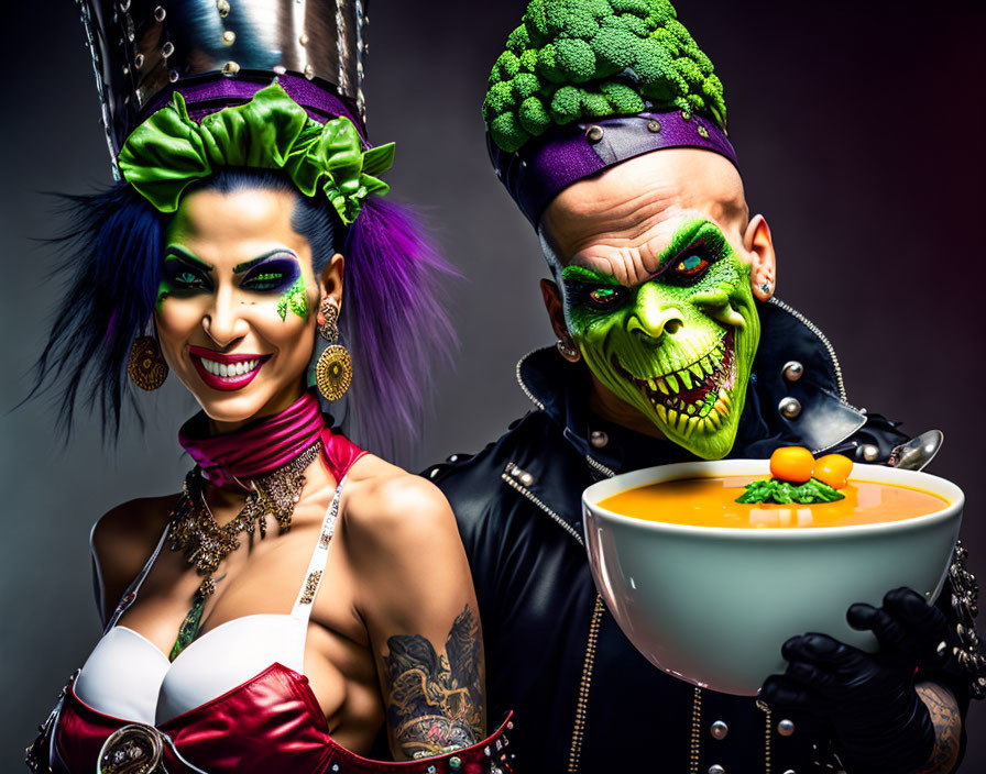 Two individuals in comic book villain makeup posing with soup bowl