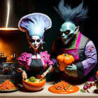 Eerie clown makeup duo cooking in atmospheric kitchen