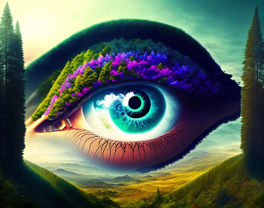 Vibrant surreal artwork: human eye merges with landscapes