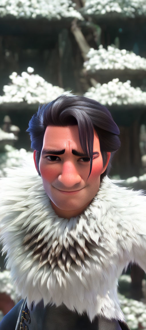 Smirking animated character with dark hair and fur collar in snowy scene