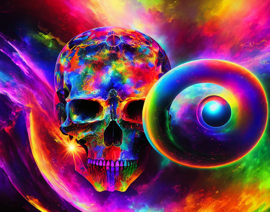 Colorful Human Skull with Galaxy Eye Socket on Cosmic Background