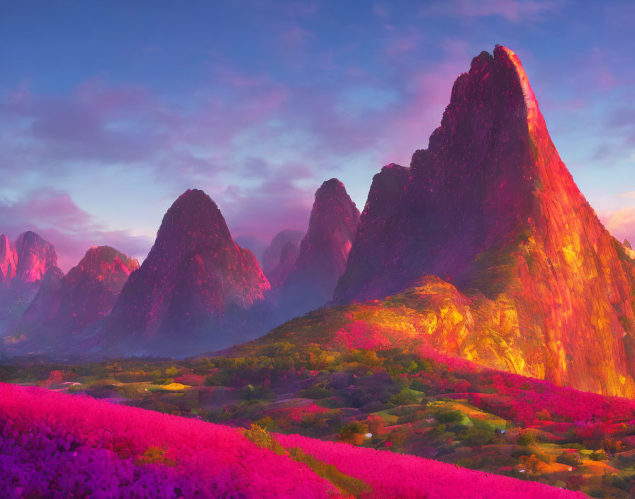 Majestic mountain landscape with purple sky and pink flowers