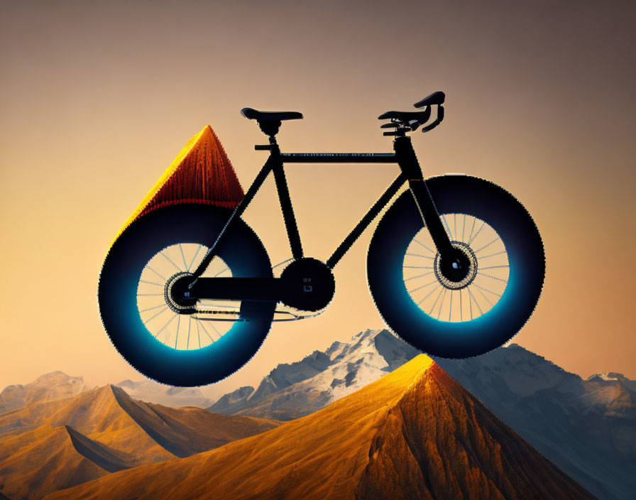 Silhouette of bicycle with glowing blue wheels against golden mountain peaks