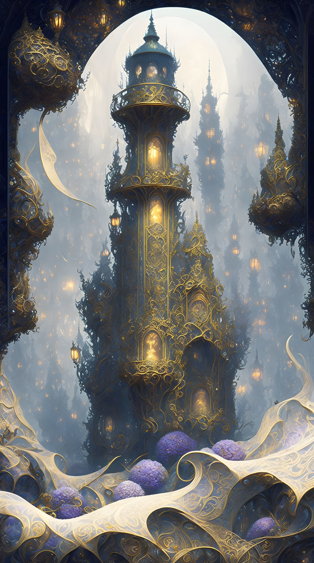 Golden tower with intricate designs in enchanting moonlit landscape