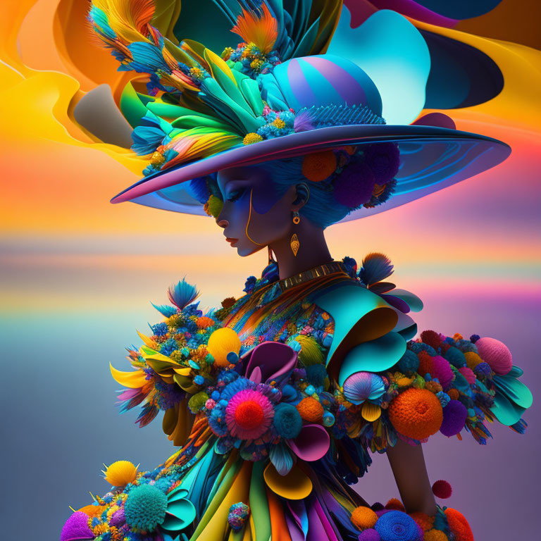 Colorful 3D Illustration of Stylized Female Figure with Flamboyant Floral Outfit