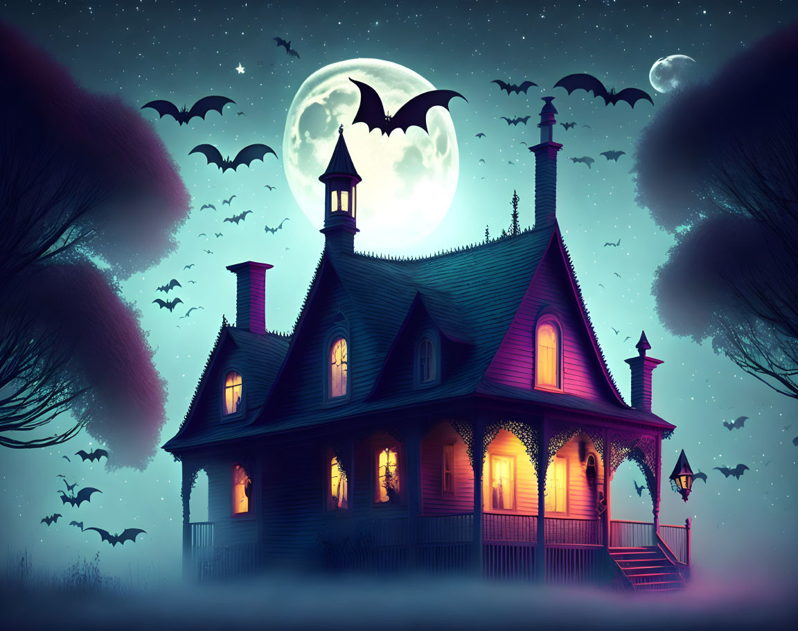 Victorian house under full moon with bats in night sky