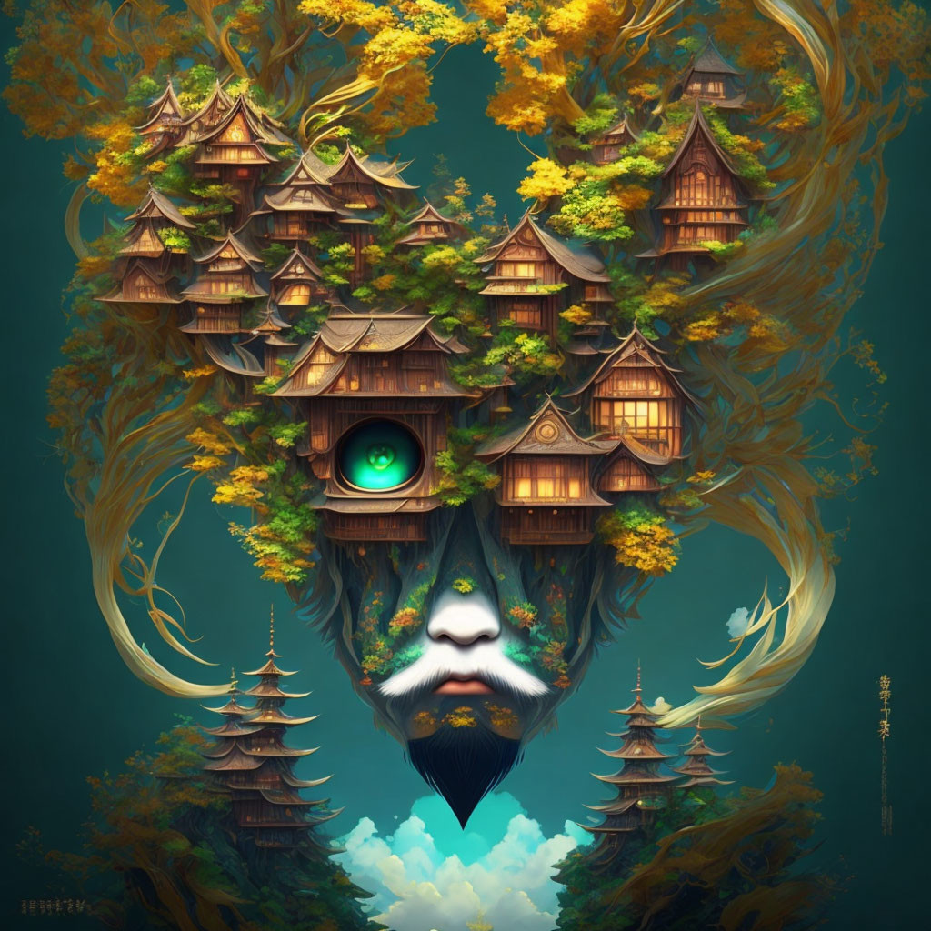 Fantasy face-shaped tree with houses and central eye in vibrant autumn setting