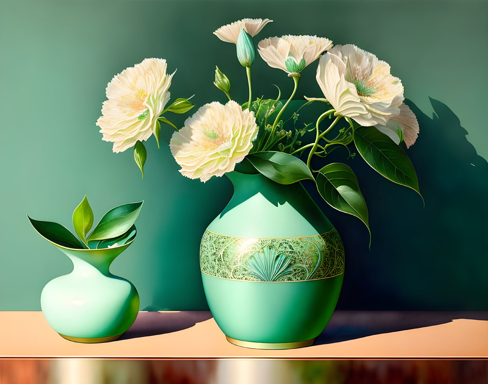 Green and White Floral Still Life with Ornate Vase on Teal Background