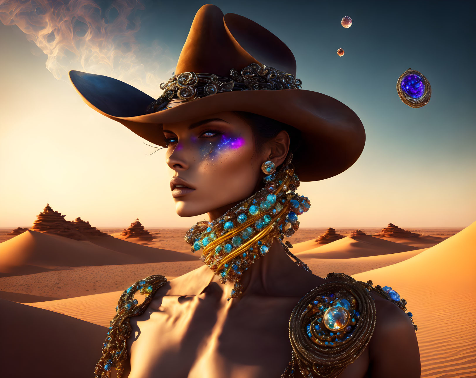 Stylized woman in cowboy hat with luminous makeup in desert scene