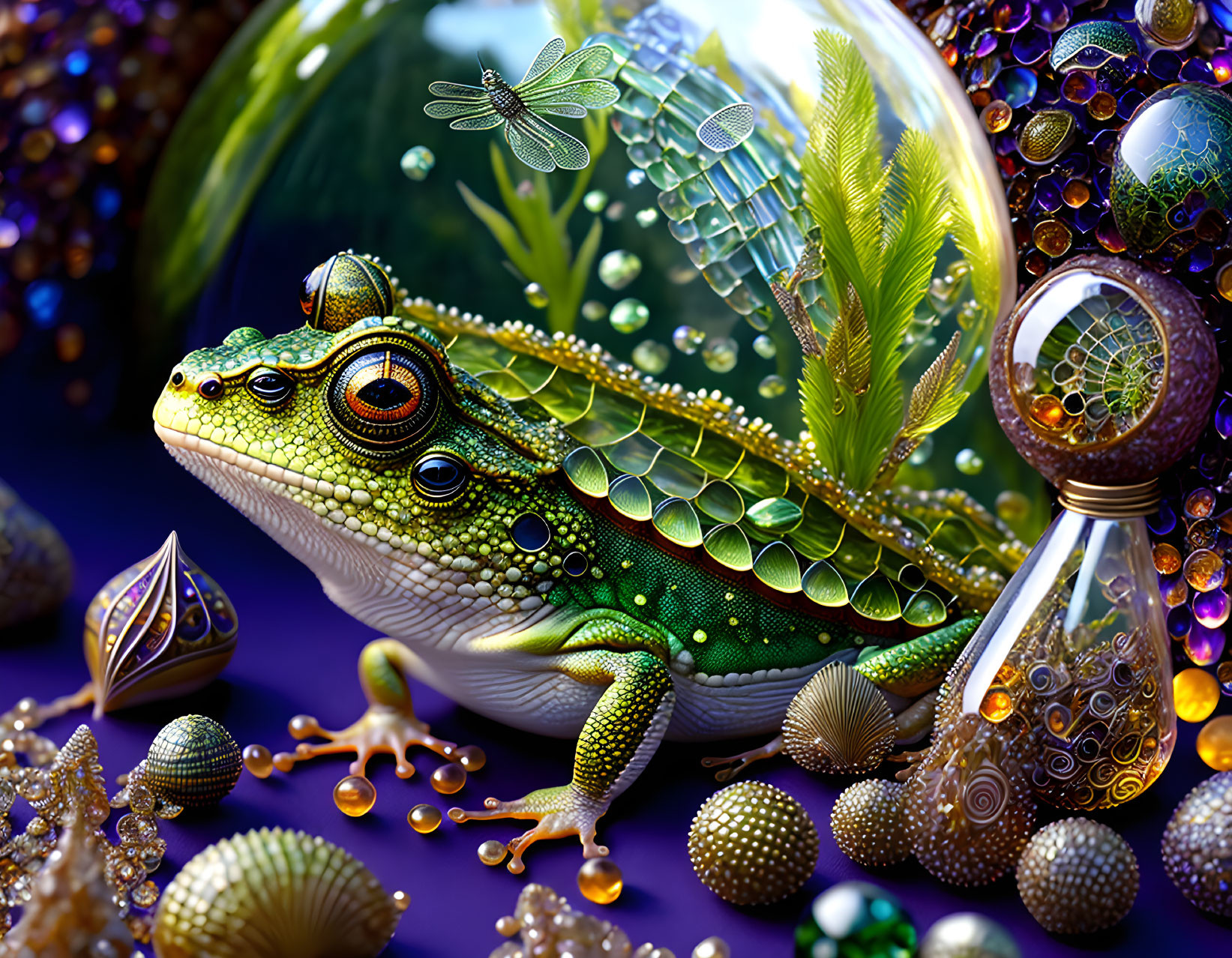 Colorful Frog Surrounded by Glass Orbs and Whimsical Foliage