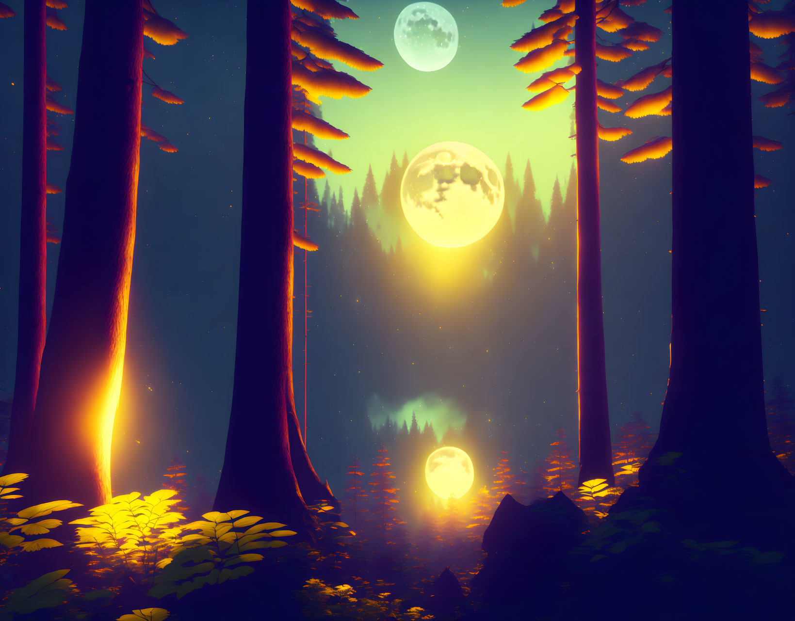 Enchanted forest at night with glowing foliage, moon, wolves, and water.