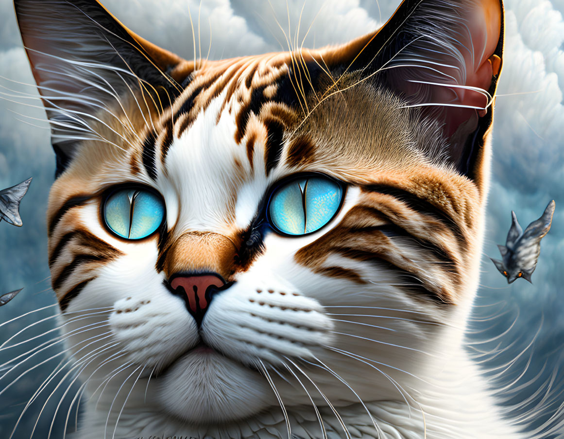 Hyper-realistic Cat with Striking Blue Eyes and Tabby Pattern Surrounded by Ethereal Butterflies