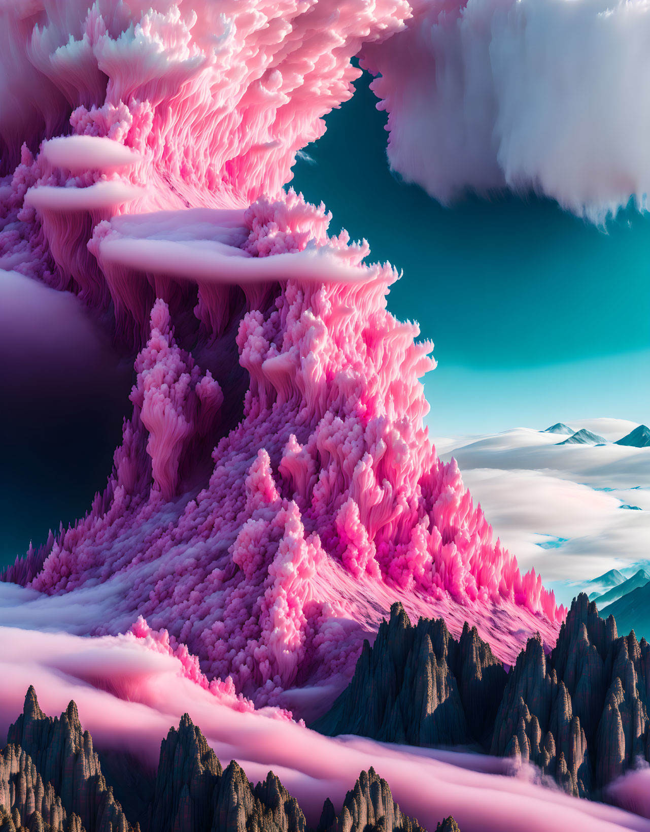 Surreal landscape: pink clouds, jagged mountains, icy plains