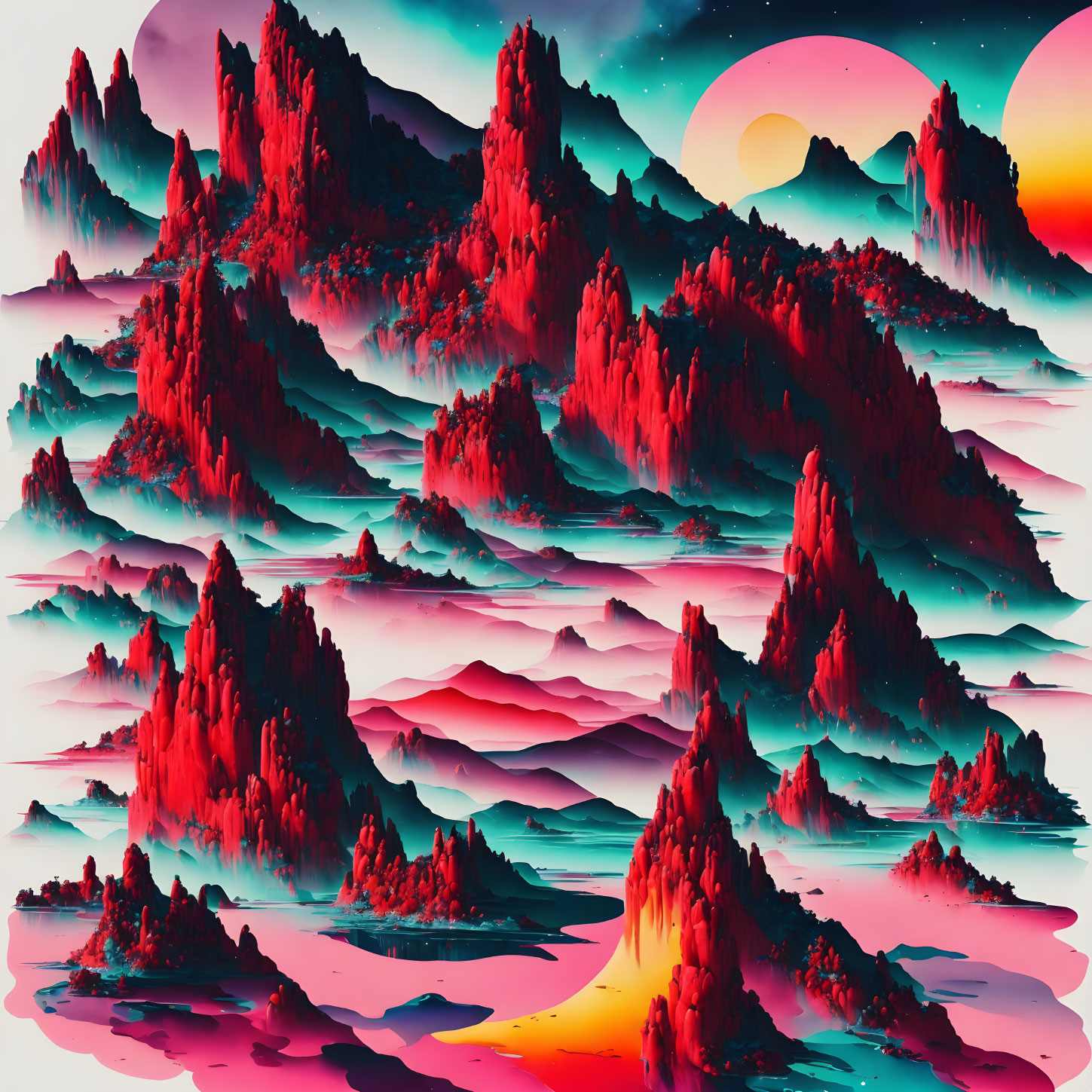 Vibrant pink and turquoise surreal landscape with celestial bodies