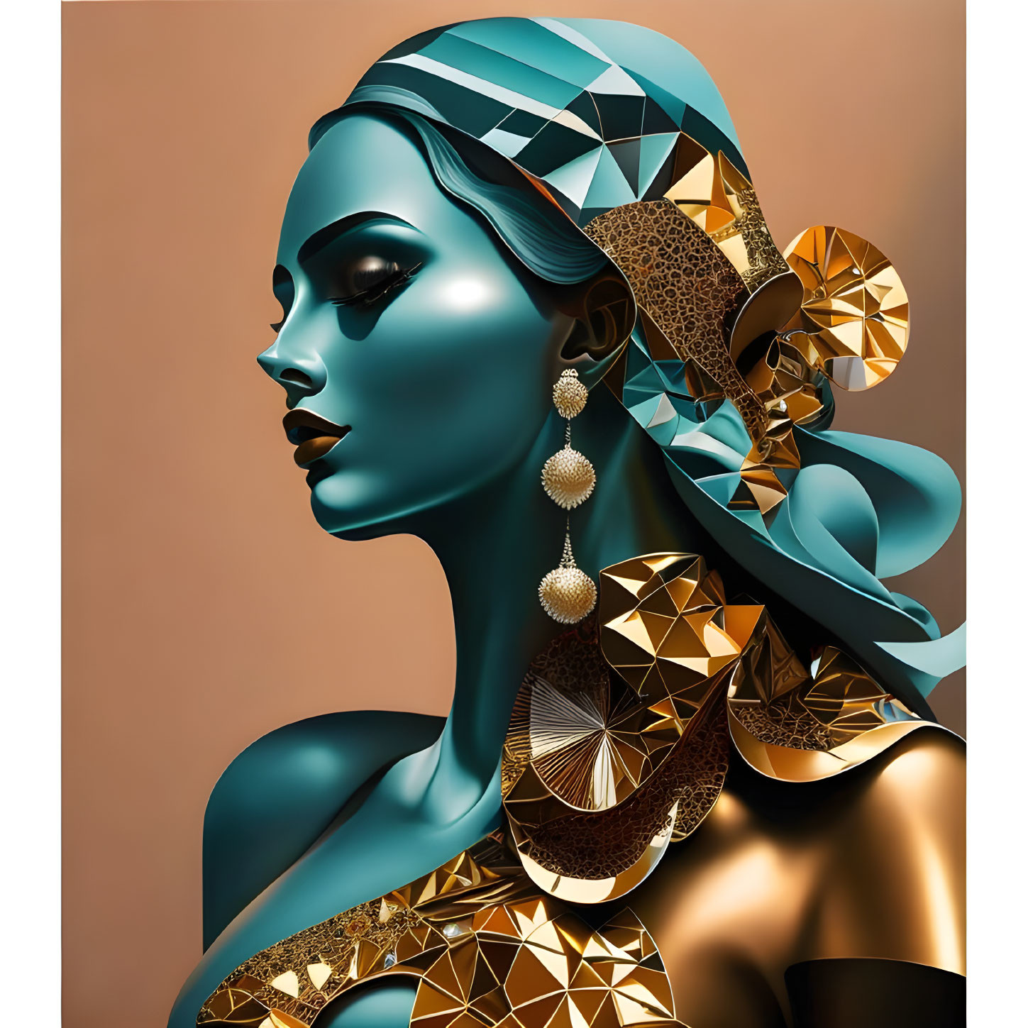 Stylized woman illustration with geometric patterns and turquoise-gold palette