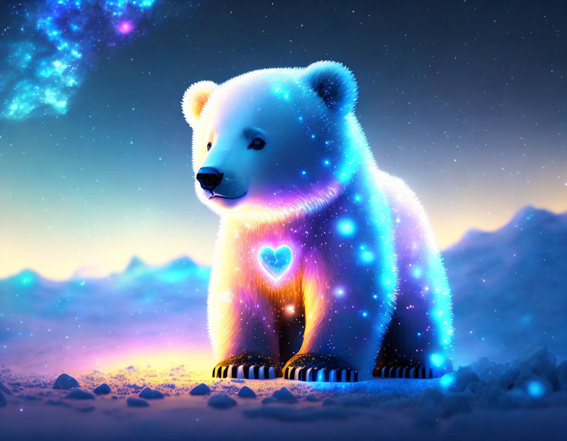 Neon-blue polar bear with heart shape, starry sky, celestial glow in arctic landscape