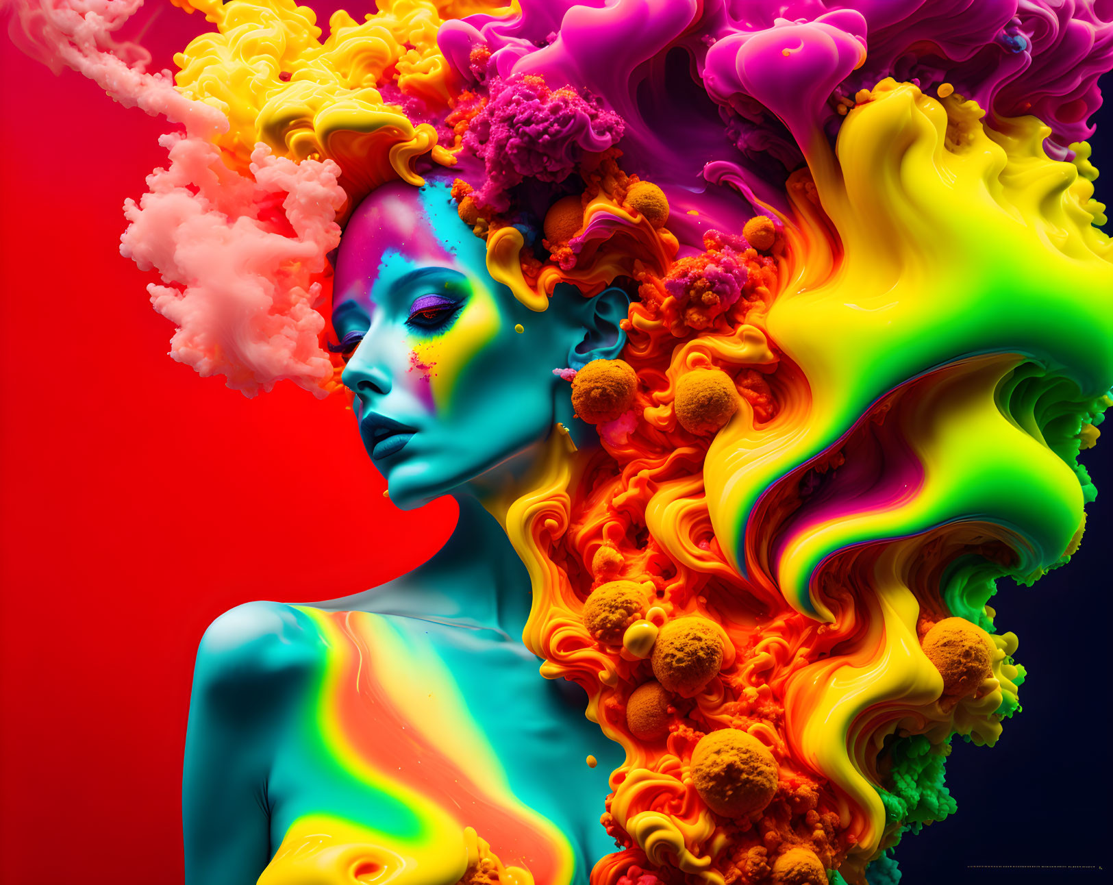 Colorful digital artwork: Blue-skinned figure in neon swirls