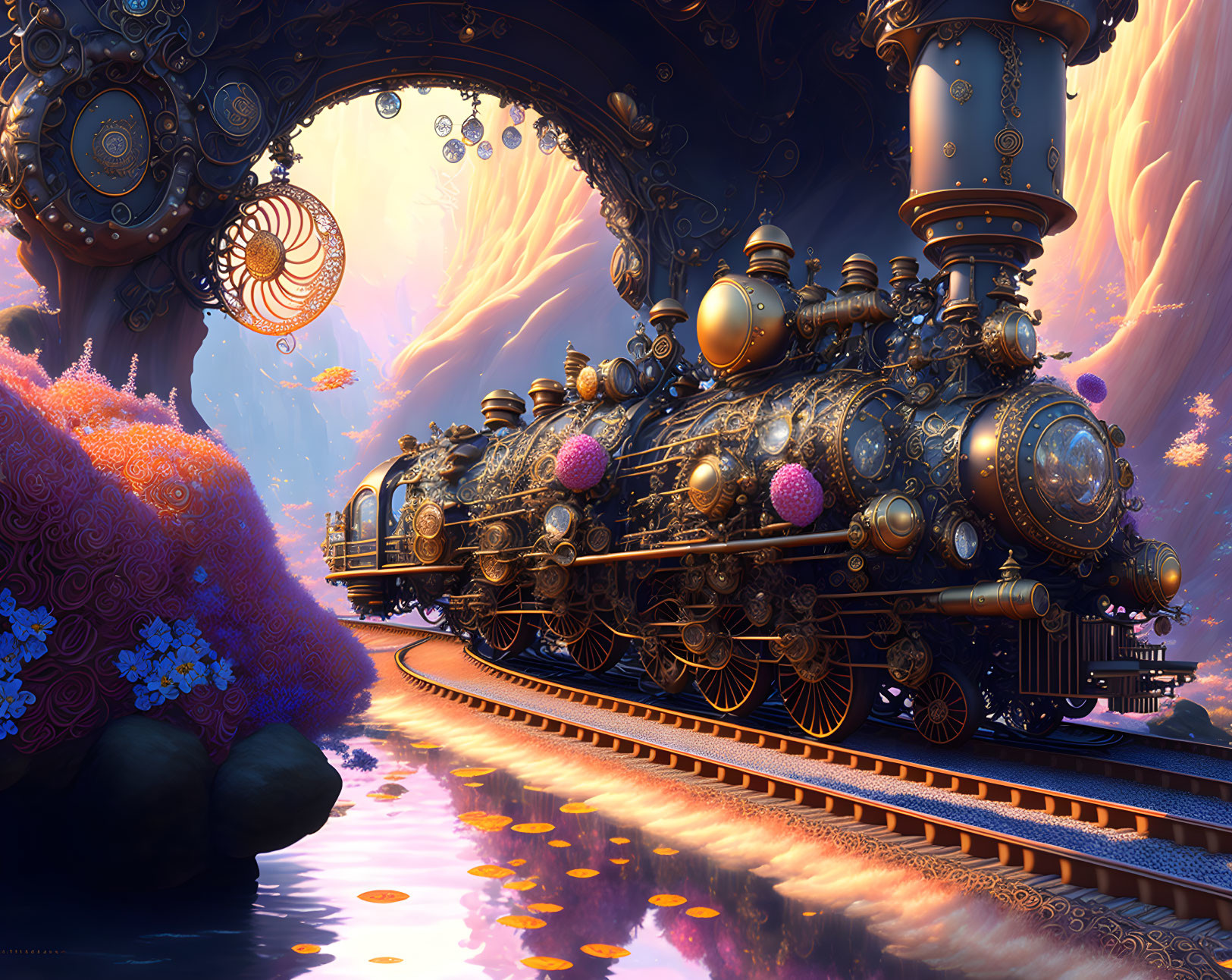 Steampunk train in surreal landscape with pink foliage