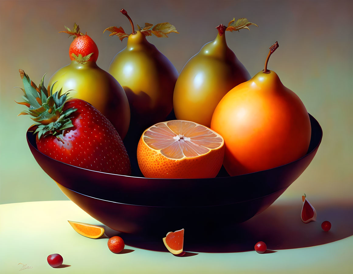 Realistic Painting of Vibrant Fruit Bowl with Strawberries, Pears, Orange, and Berries