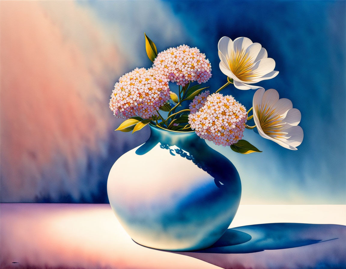 Colorful Floral Still Life Painting with White Vase and Pink Flowers