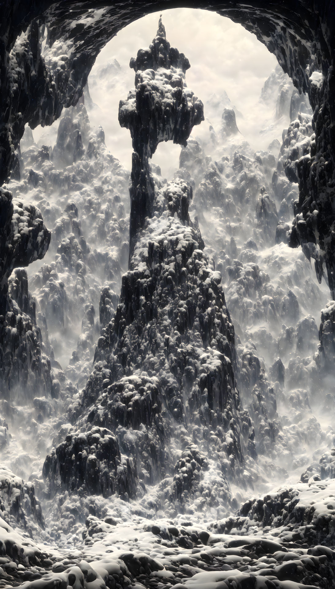 Monochrome image of cavernous ice landscape with spire-like formation and icy pillars.