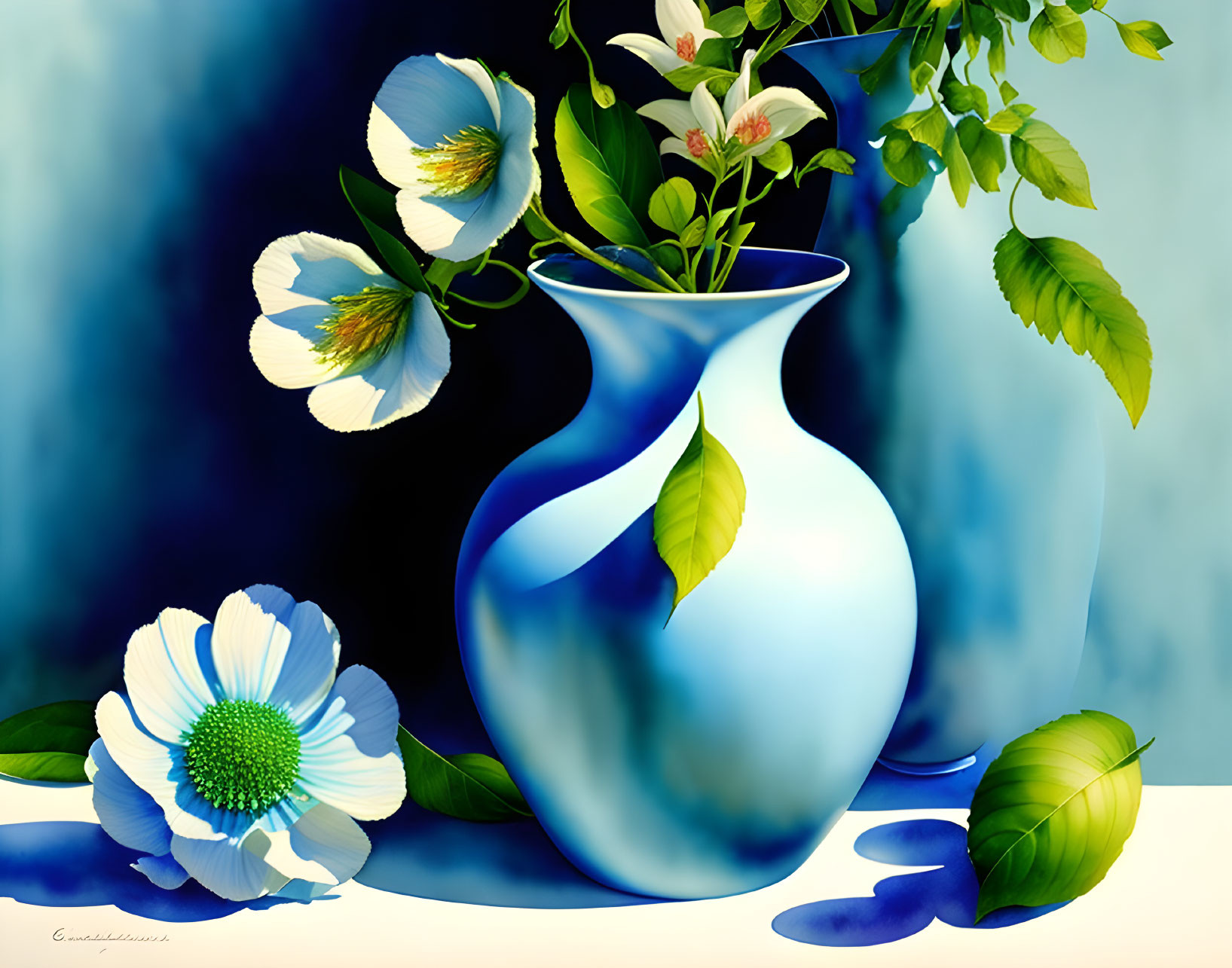 Realistic painting of blue vase with white flowers and green leaves on blue background