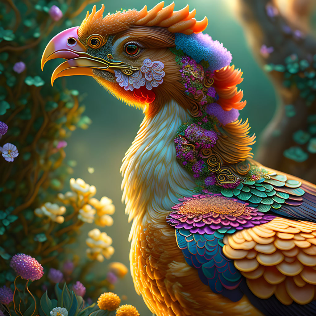 Colorful Mythical Bird with Floral Patterns on Dreamy Background